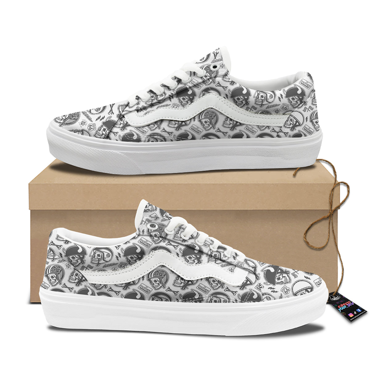Black White Skull Helmet Rider Print Pattern Skate Shoes-grizzshop