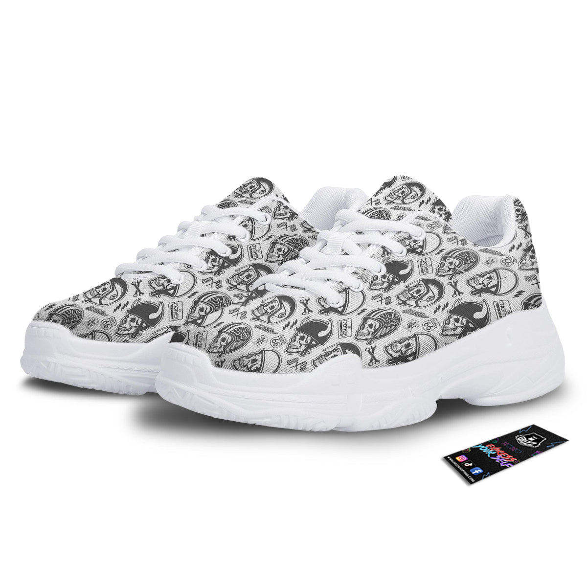 Black White Skull Helmet Rider Print Pattern White Chunky Shoes-grizzshop
