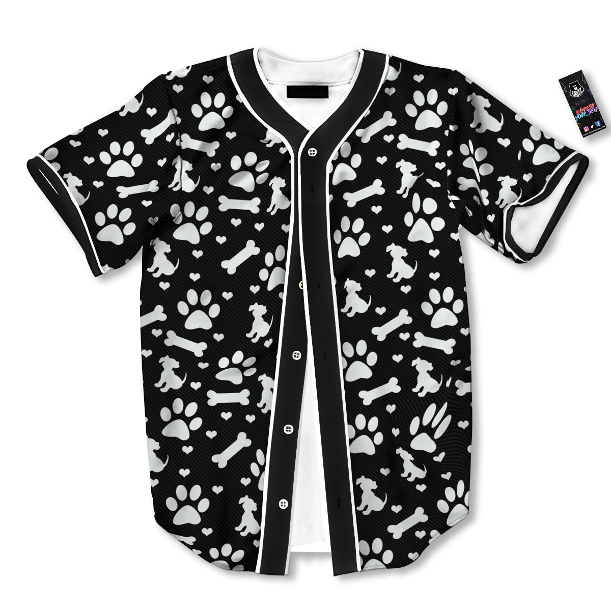 Black and White Dog Paw Print Pattern Baseball Jersey-grizzshop