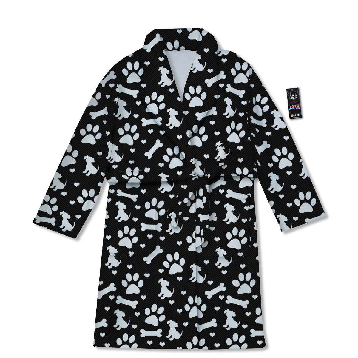 Black and White Dog Paw Print Pattern Bathrobe-grizzshop