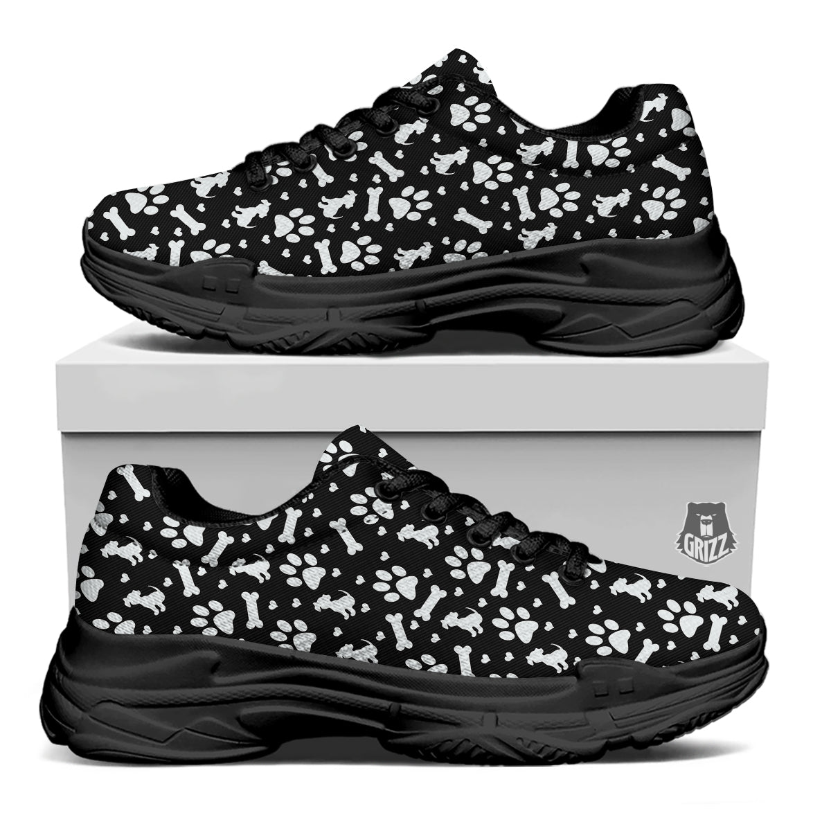 Black and White Dog Paw Print Pattern Black Chunky Shoes-grizzshop