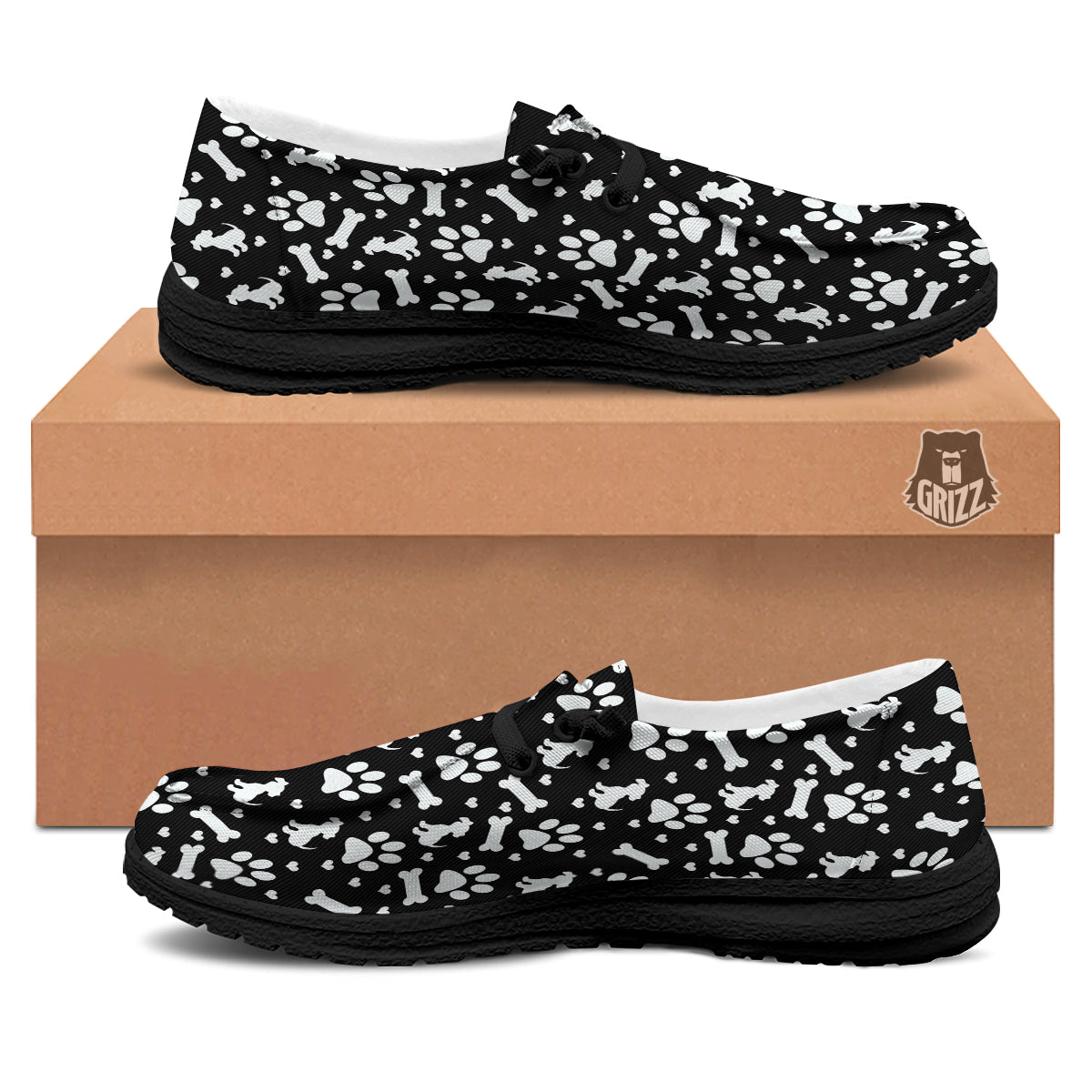 Black and White Dog Paw Print Pattern Black Loafers-grizzshop