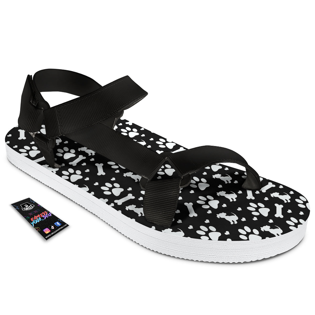 Black and White Dog Paw Print Pattern Black Open Toe Sandals-grizzshop