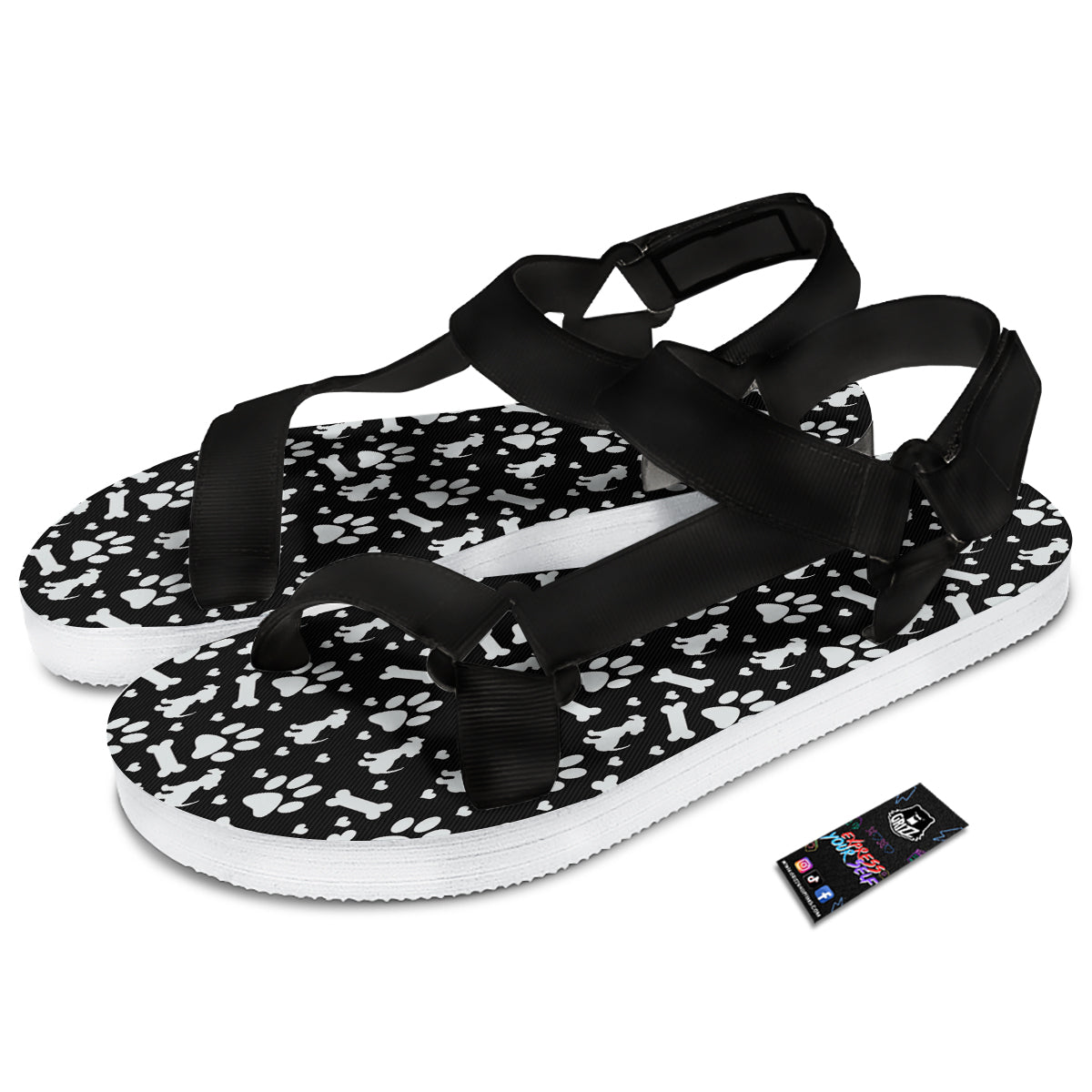 Black and White Dog Paw Print Pattern Black Open Toe Sandals-grizzshop