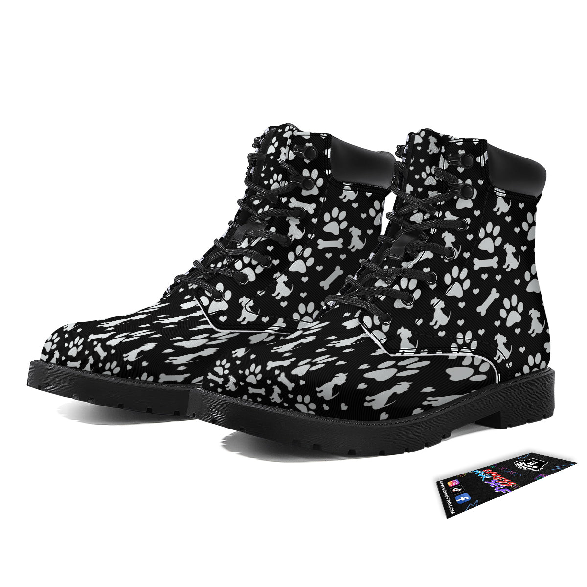 Black and White Dog Paw Print Pattern Boots-grizzshop