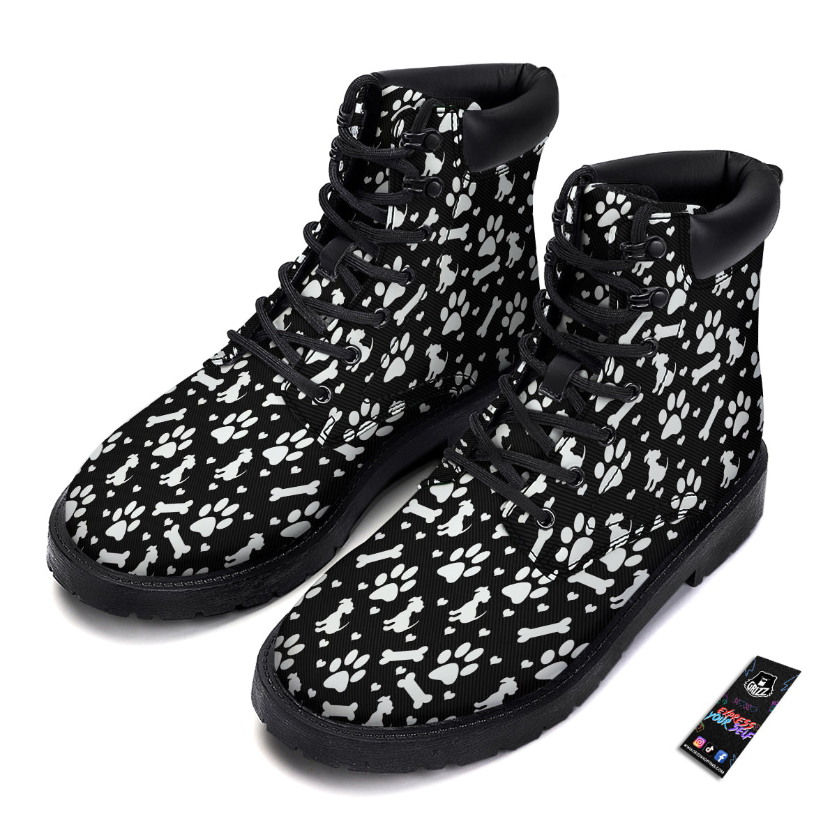 Black and White Dog Paw Print Pattern Boots-grizzshop