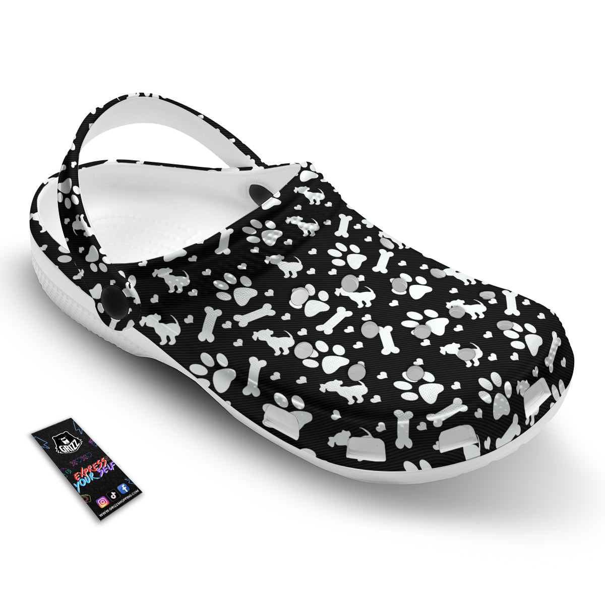 Black and White Dog Paw Print Pattern Clog-grizzshop