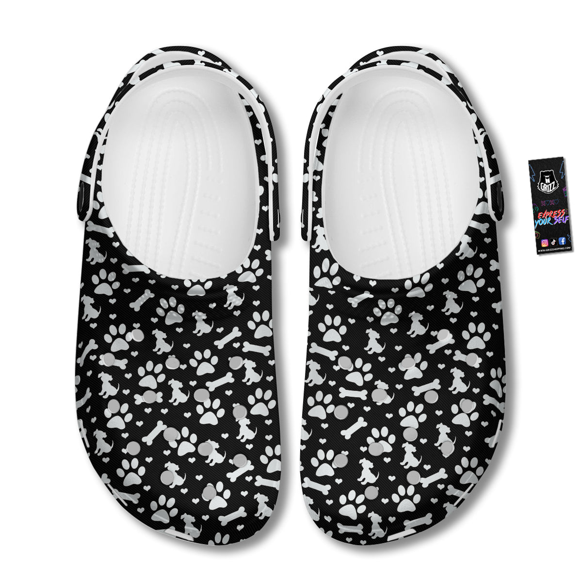 Black and White Dog Paw Print Pattern Clog-grizzshop