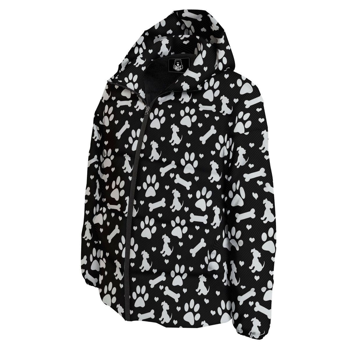 Black and White Dog Paw Print Pattern Down Jacket-grizzshop