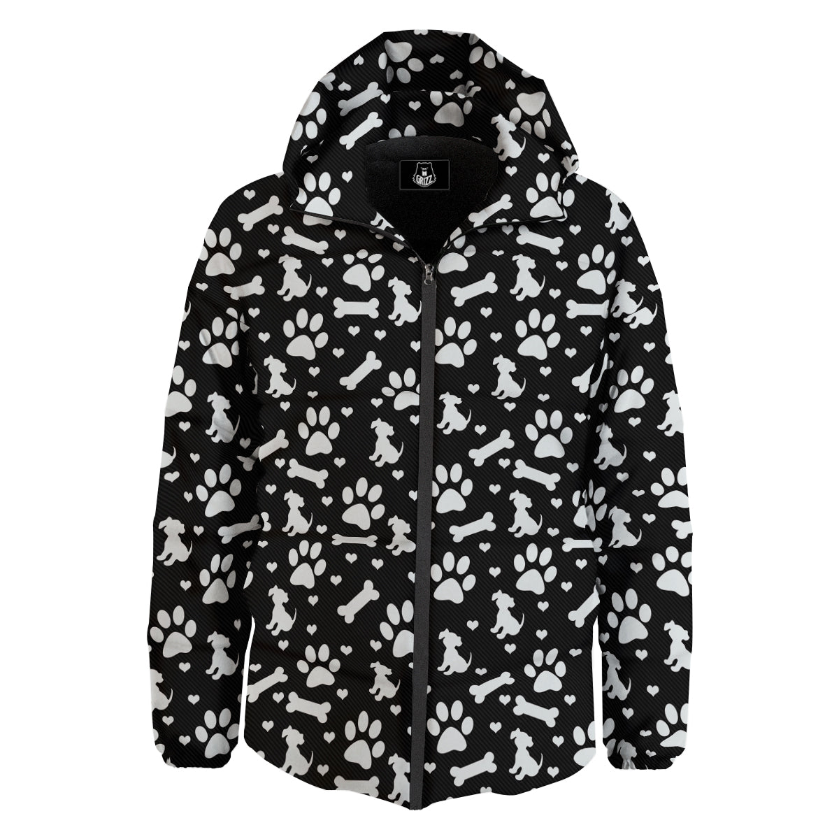 Black and White Dog Paw Print Pattern Down Jacket-grizzshop