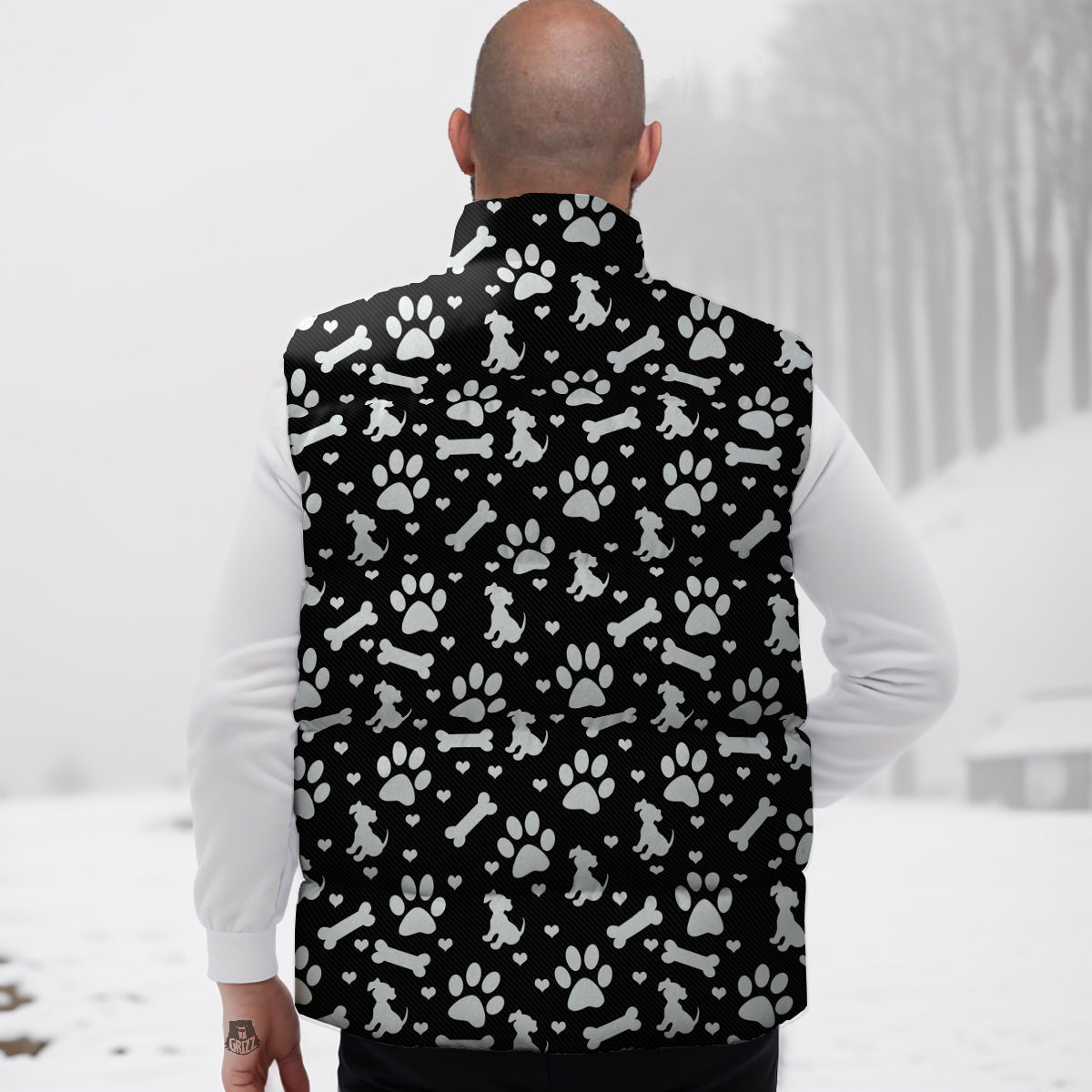 Black and White Dog Paw Print Pattern Down Vest