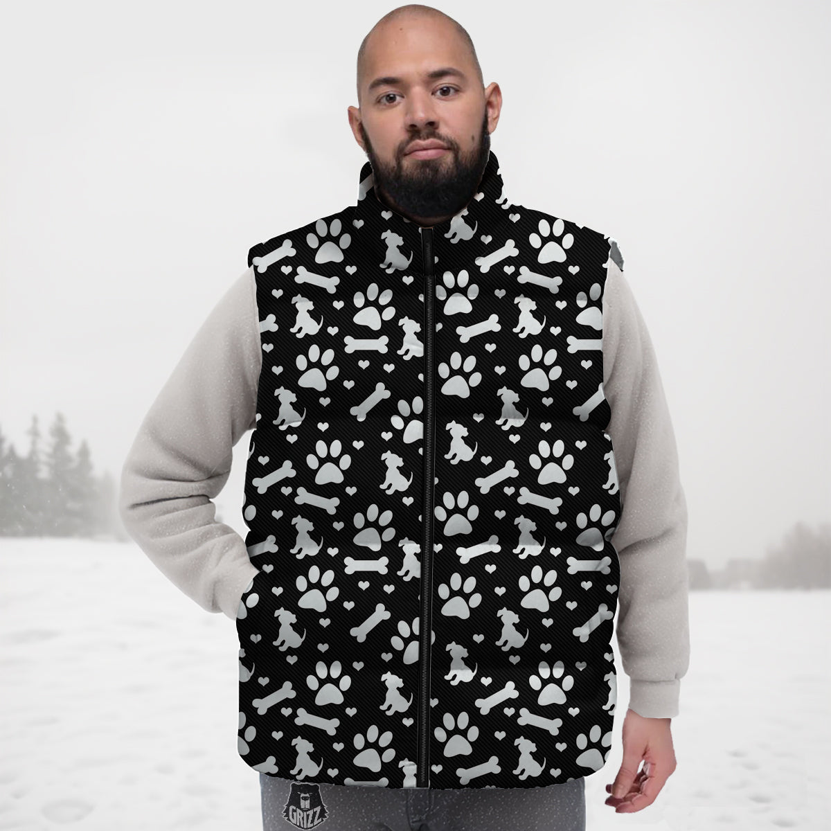Black and White Dog Paw Print Pattern Down Vest