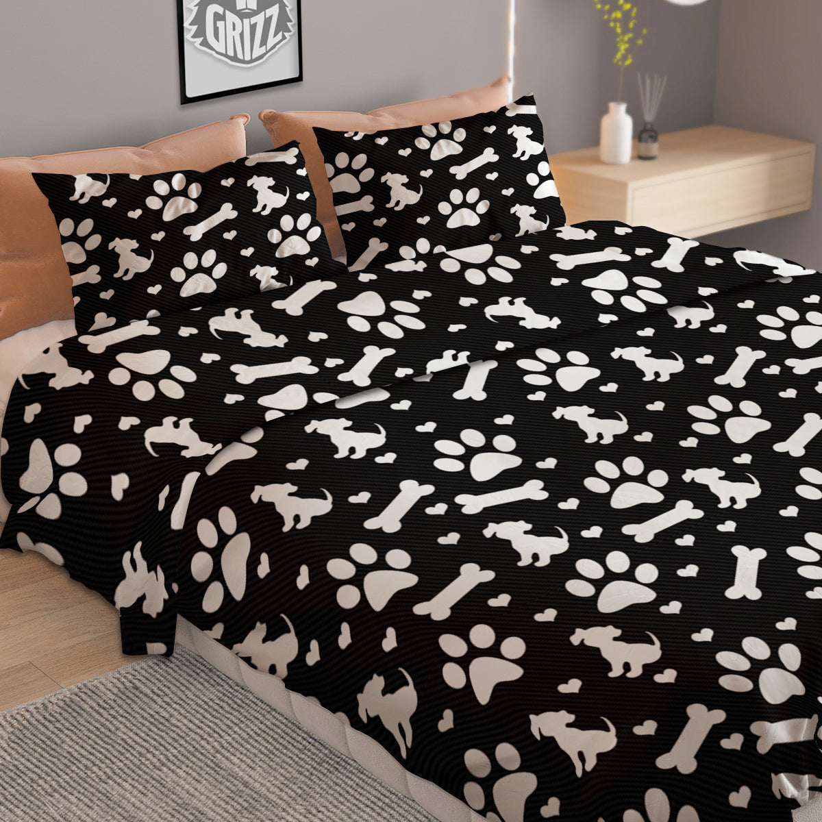 Black and White Dog Paw Print Pattern Duvet Cover Bedding Set