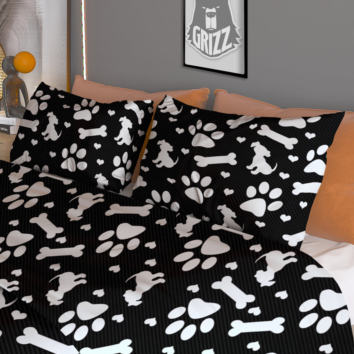 Black and White Dog Paw Print Pattern Duvet Cover Bedding Set