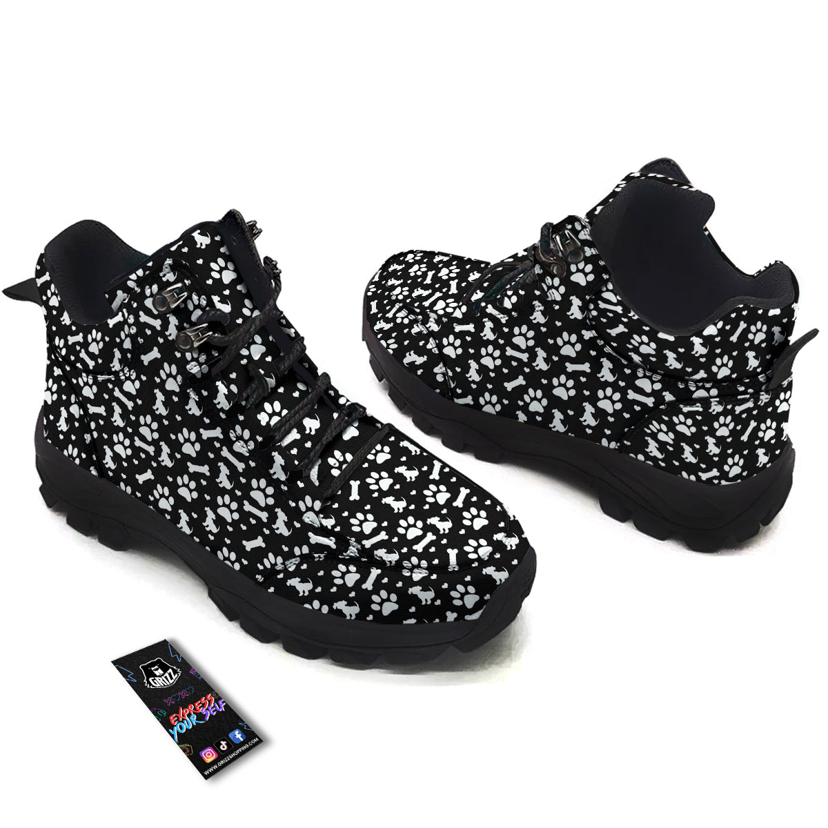 Black and White Dog Paw Print Pattern Hiking Shoes-grizzshop