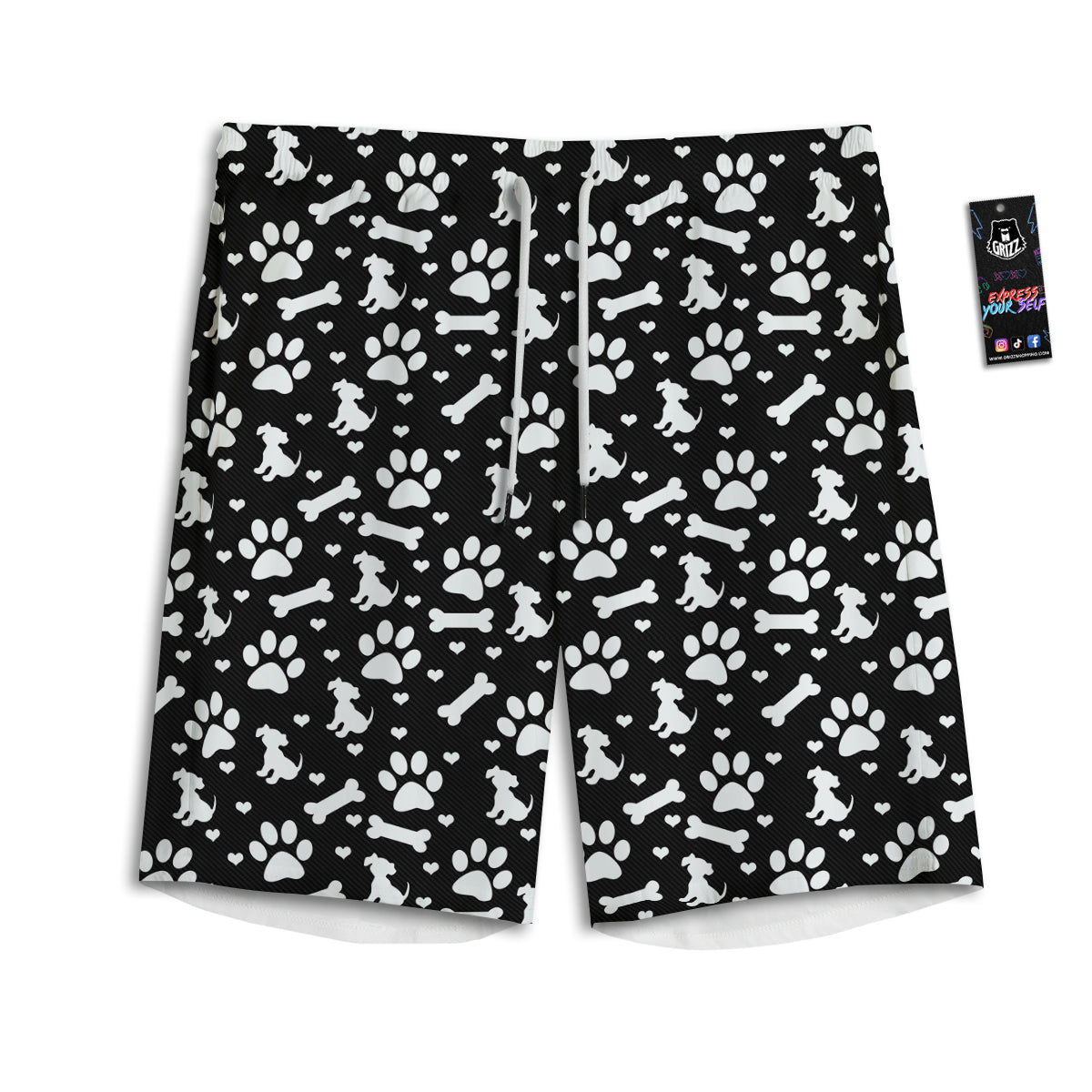 Black and White Dog Paw Print Pattern Men's Athletic Shorts