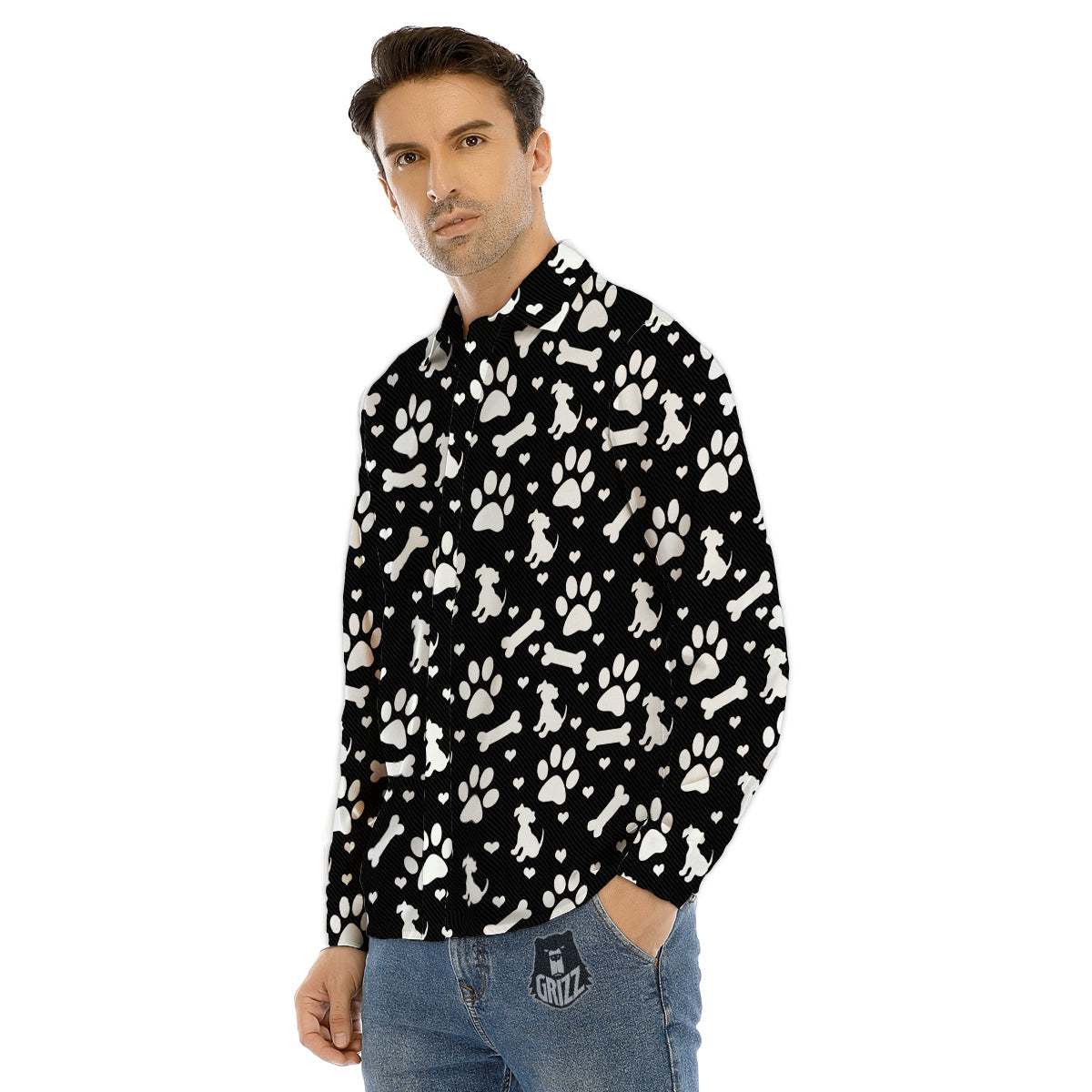 Black and White Dog Paw Print Pattern Men's Dress Shirts-grizzshop