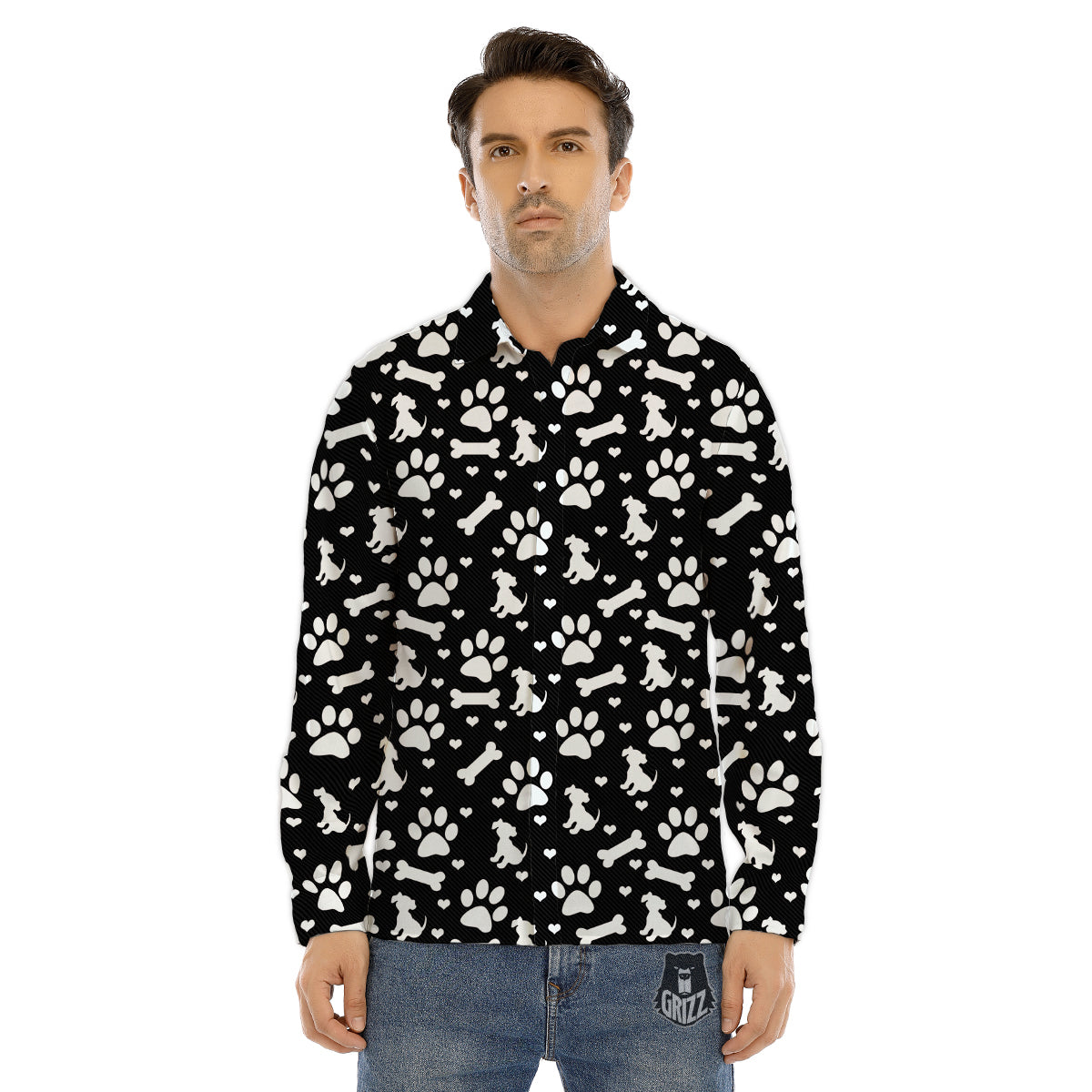 Black and White Dog Paw Print Pattern Men's Dress Shirts-grizzshop