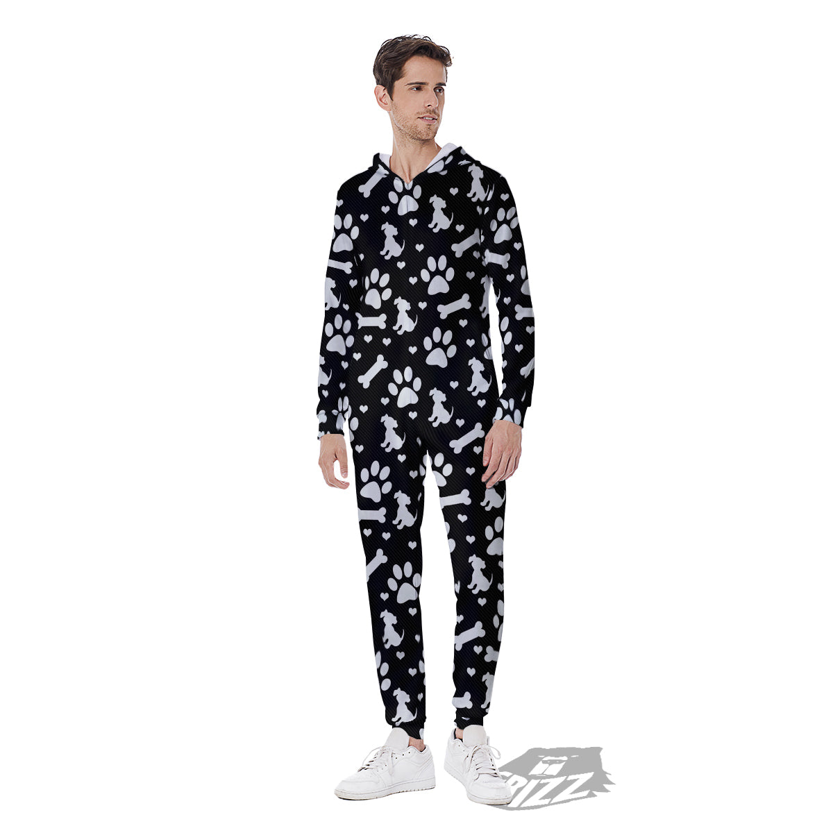 Black and White Dog Paw Print Pattern Men's Jumpsuit-grizzshop