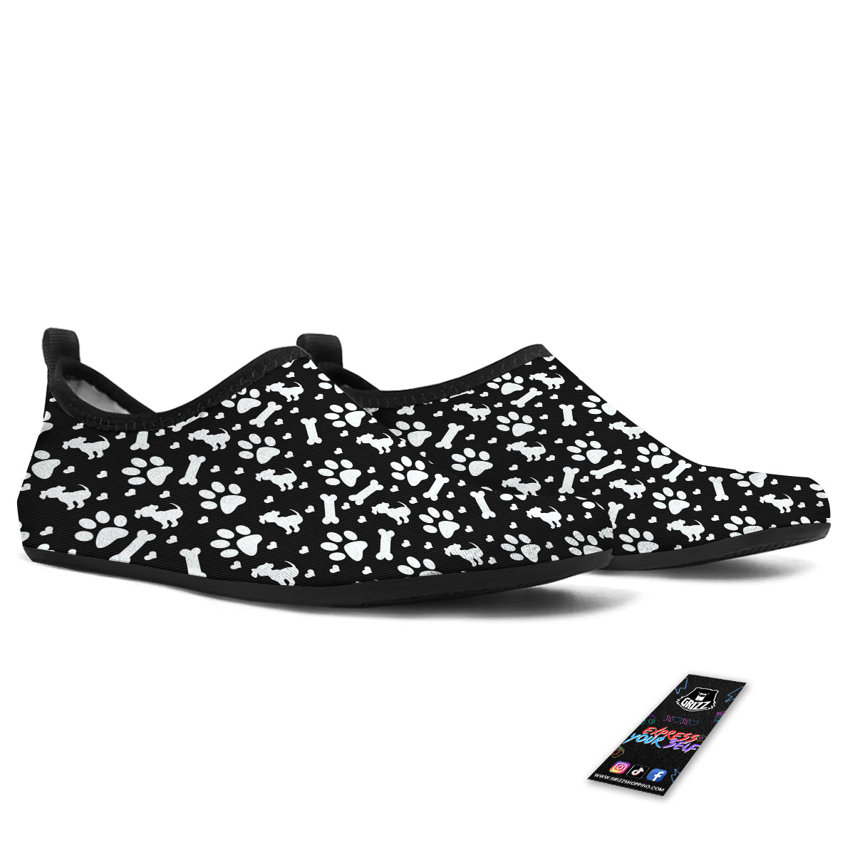 Black and White Dog Paw Print Pattern Water Shoes-grizzshop