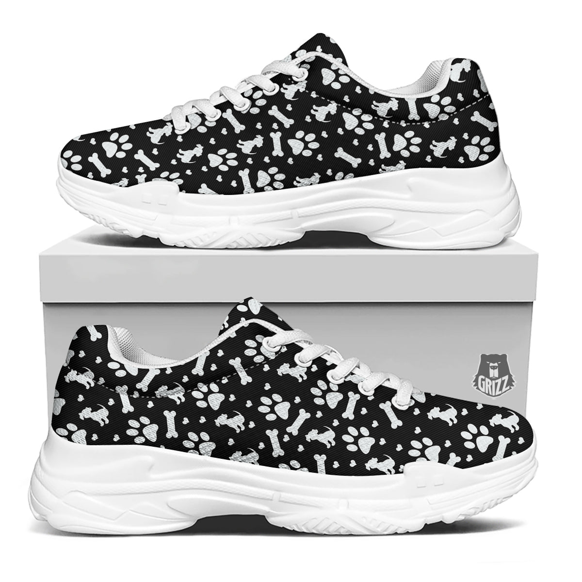 Black and White Dog Paw Print Pattern White Chunky Shoes-grizzshop