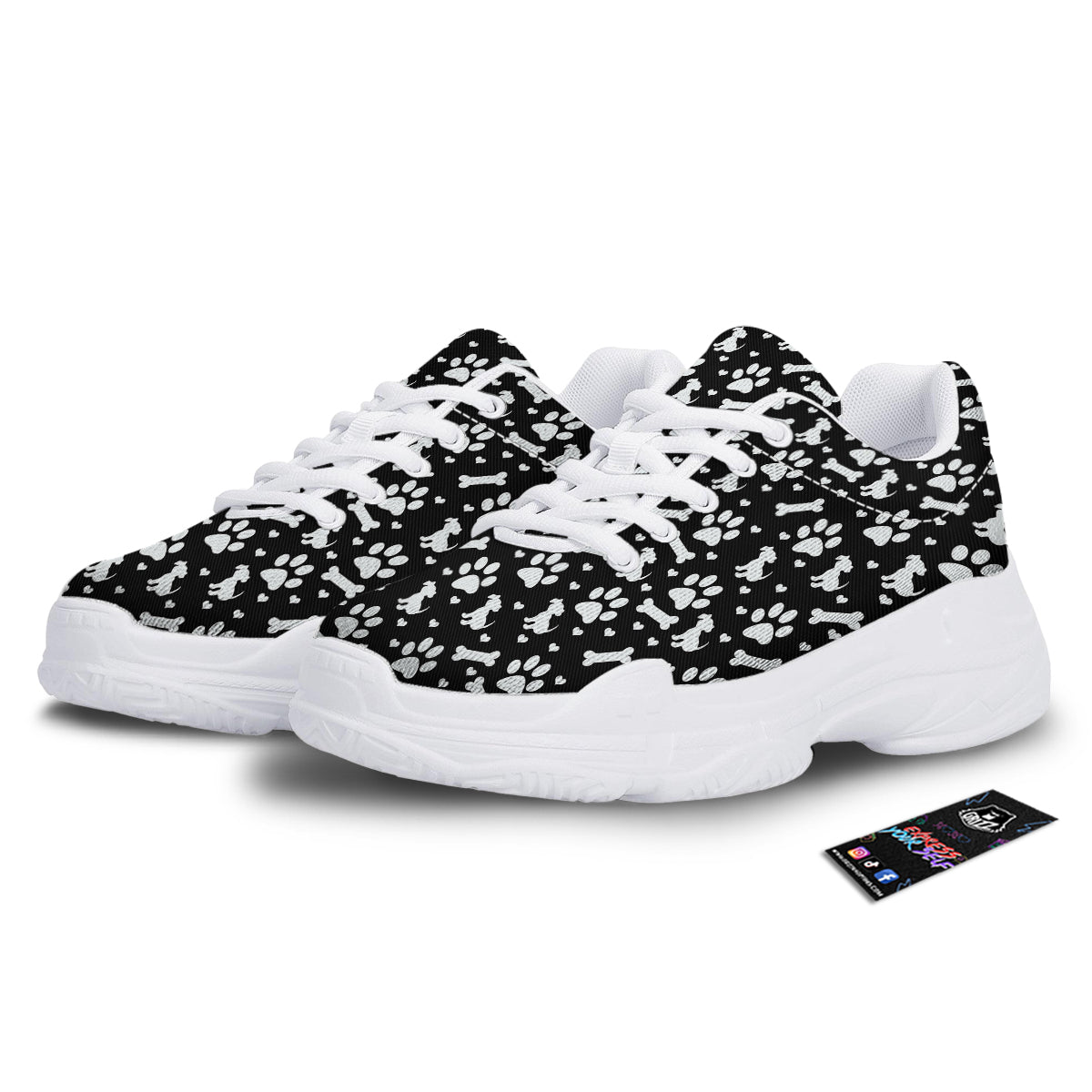 Black and White Dog Paw Print Pattern White Chunky Shoes-grizzshop