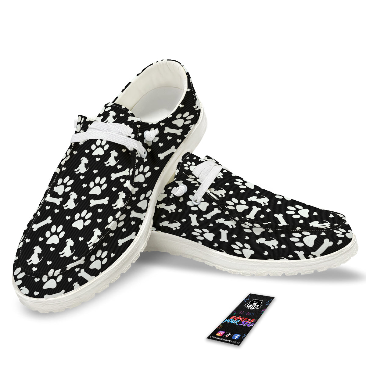 Black and White Dog Paw Print Pattern White Loafers-grizzshop