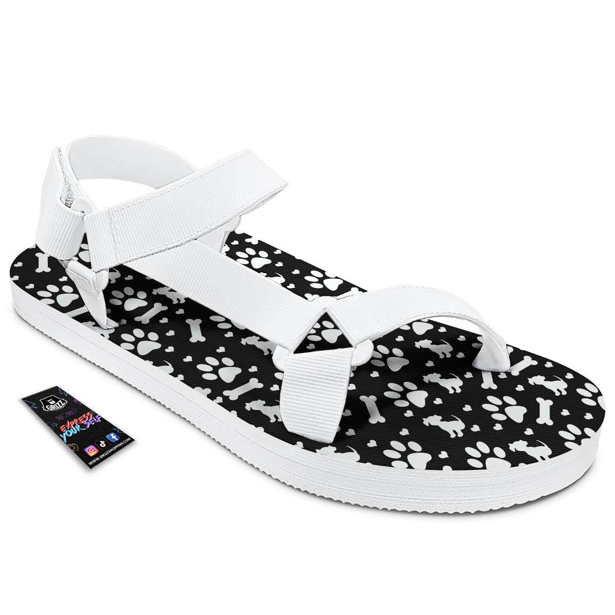 Black and White Dog Paw Print Pattern White Open Toe Sandals-grizzshop