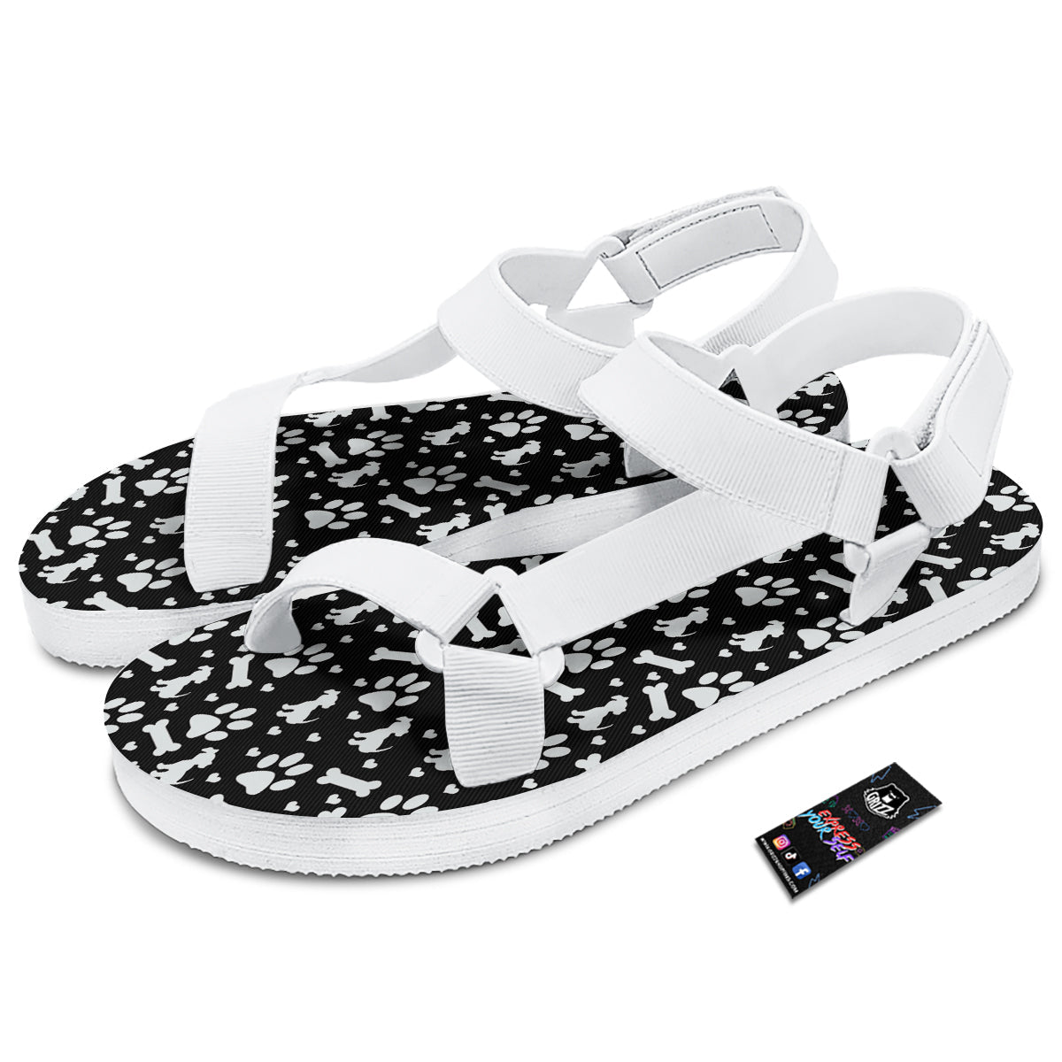 Black and White Dog Paw Print Pattern White Open Toe Sandals-grizzshop
