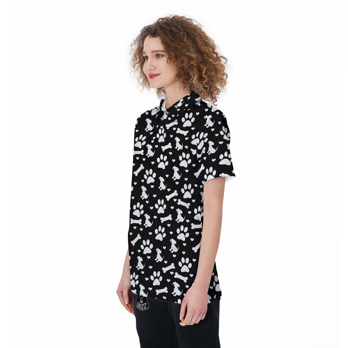 Black and White Dog Paw Print Pattern Women's Golf Shirts-grizzshop