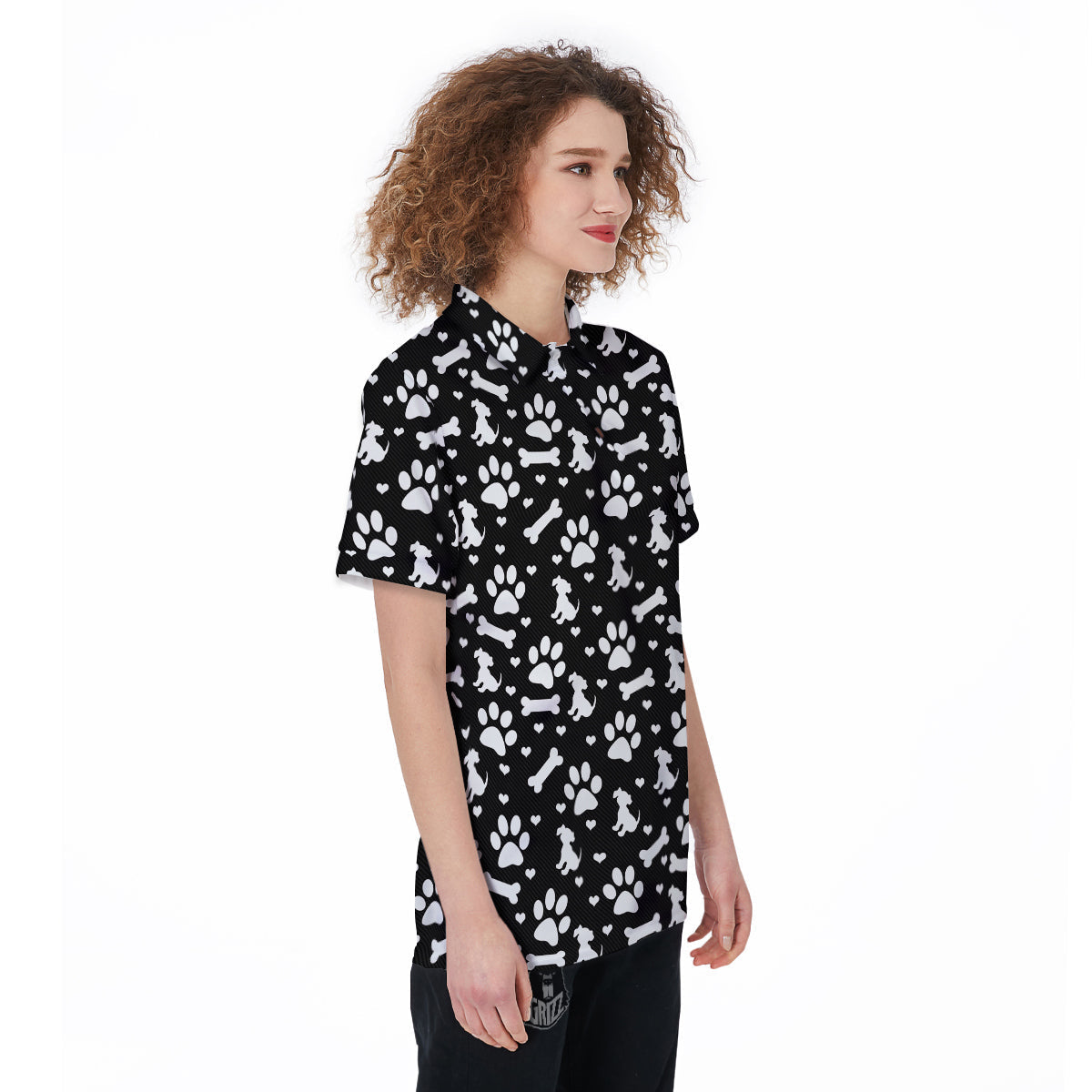 Black and White Dog Paw Print Pattern Women's Golf Shirts-grizzshop