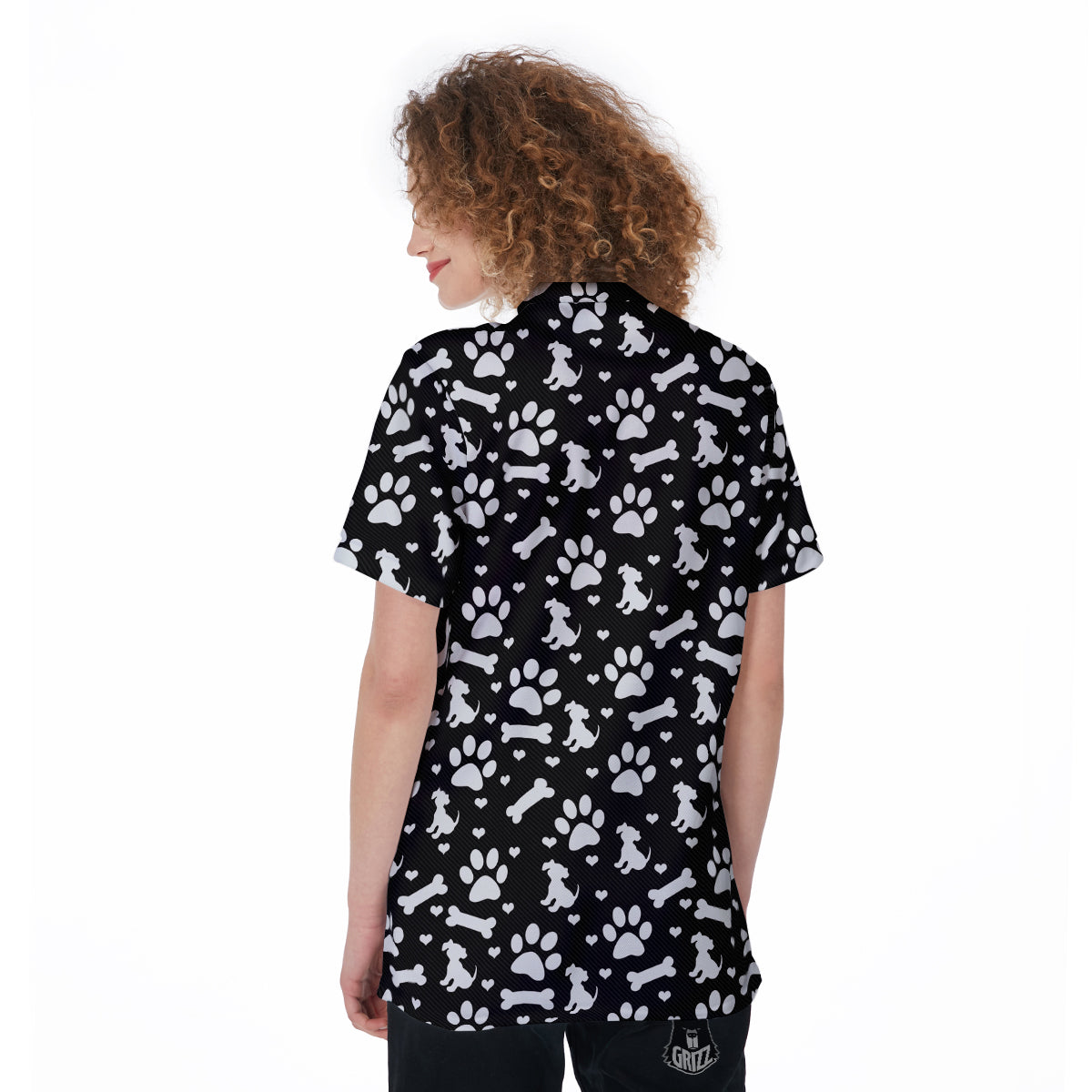 Black and White Dog Paw Print Pattern Women's Golf Shirts-grizzshop