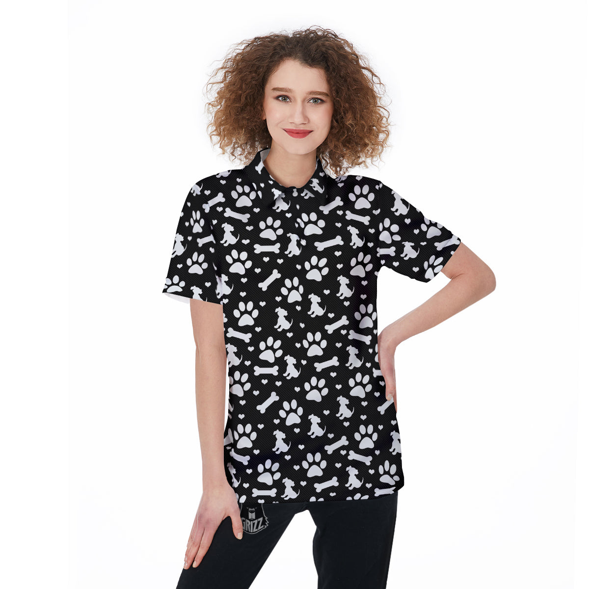 Black and White Dog Paw Print Pattern Women's Golf Shirts-grizzshop