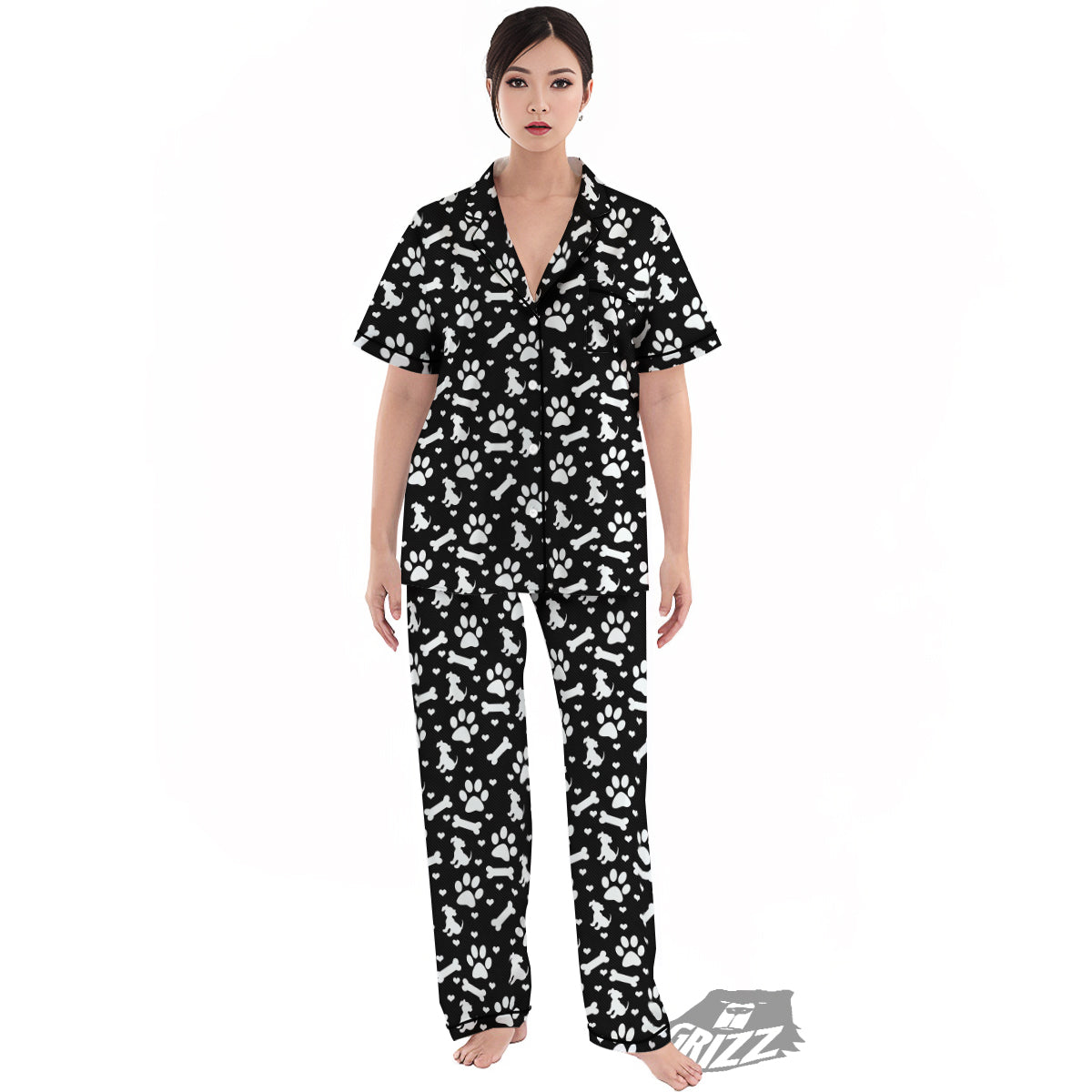 Black and White Dog Paw Print Pattern Women's Pajamas Set-grizzshop