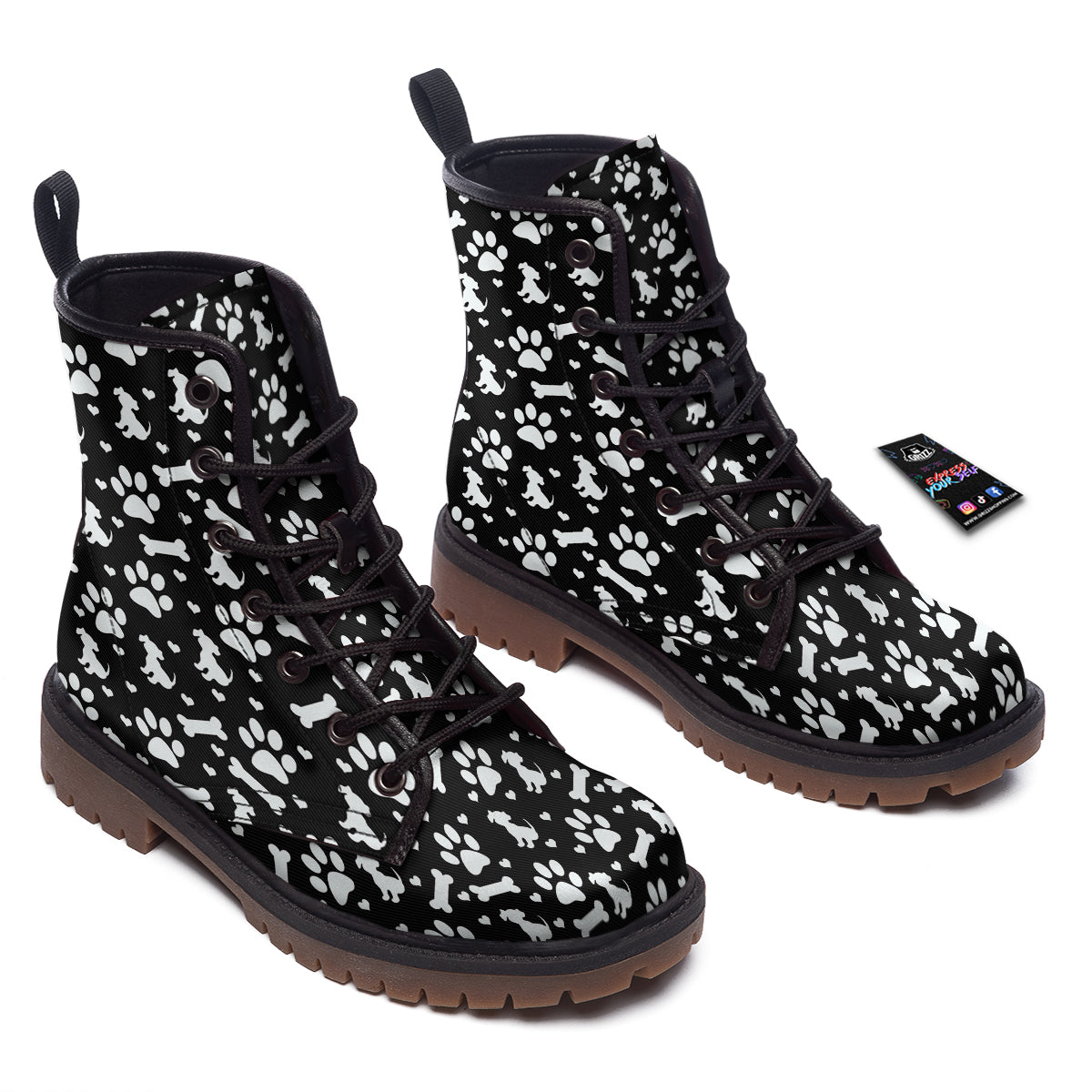 Black and White Dog Paw Print Pattern Work Boots-grizzshop