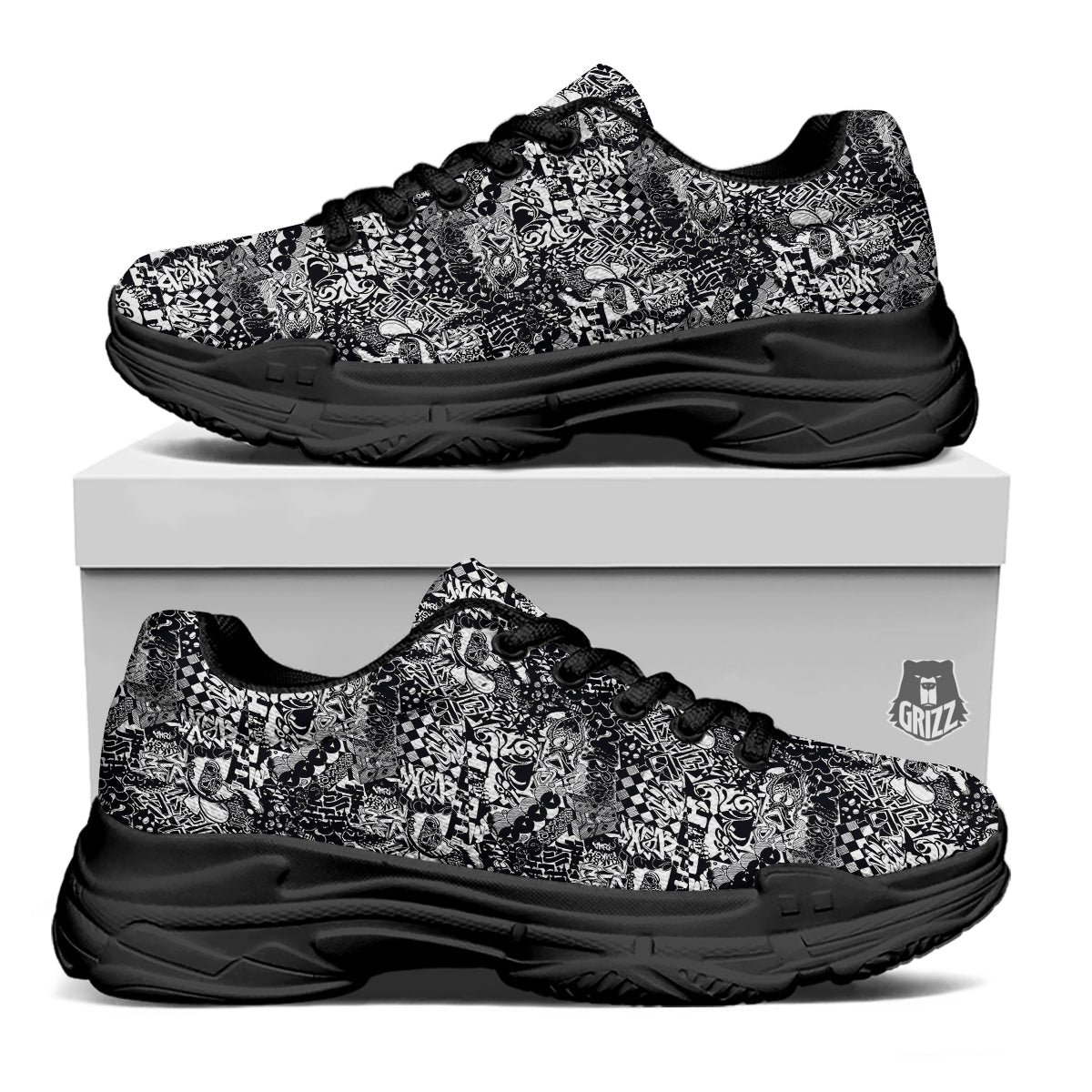 Black and White Graffity Street Art Print Pattern Black Chunky Shoes-grizzshop