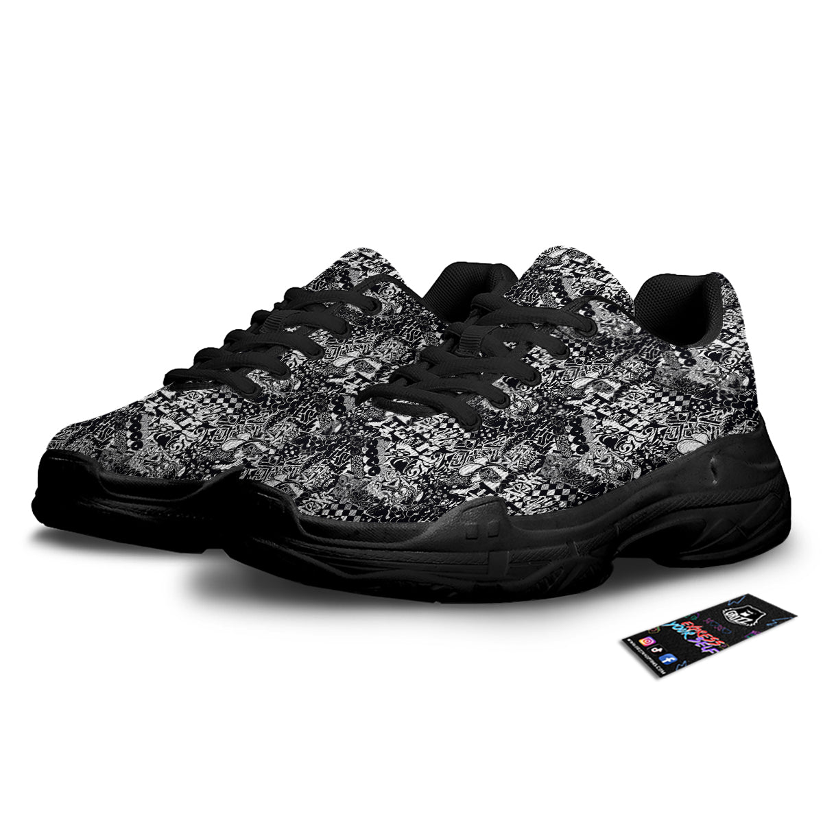 Black and White Graffity Street Art Print Pattern Black Chunky Shoes-grizzshop