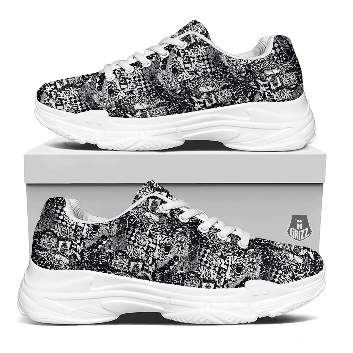 Black and White Graffity Street Art Print Pattern White Chunky Shoes-grizzshop