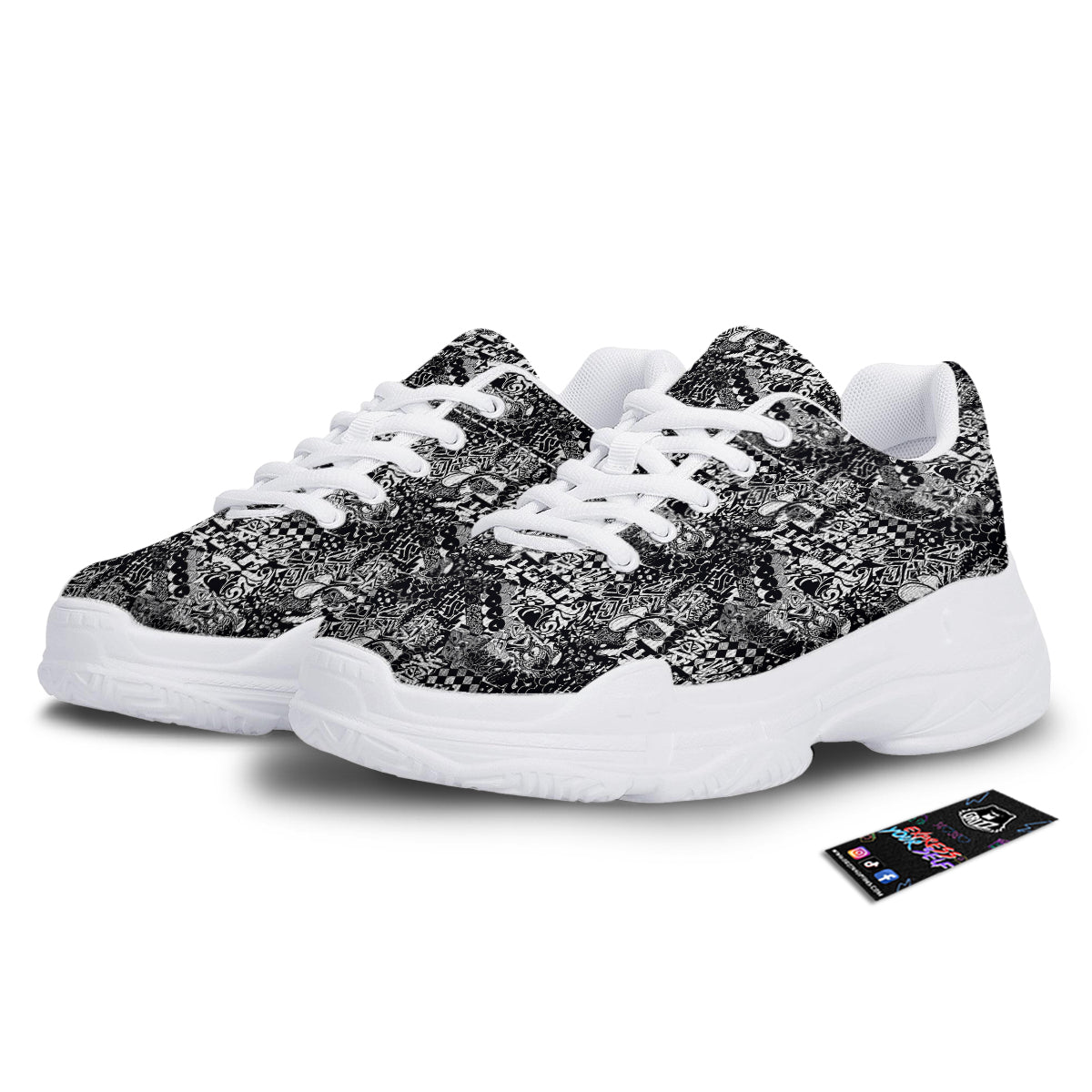 Black and White Graffity Street Art Print Pattern White Chunky Shoes-grizzshop