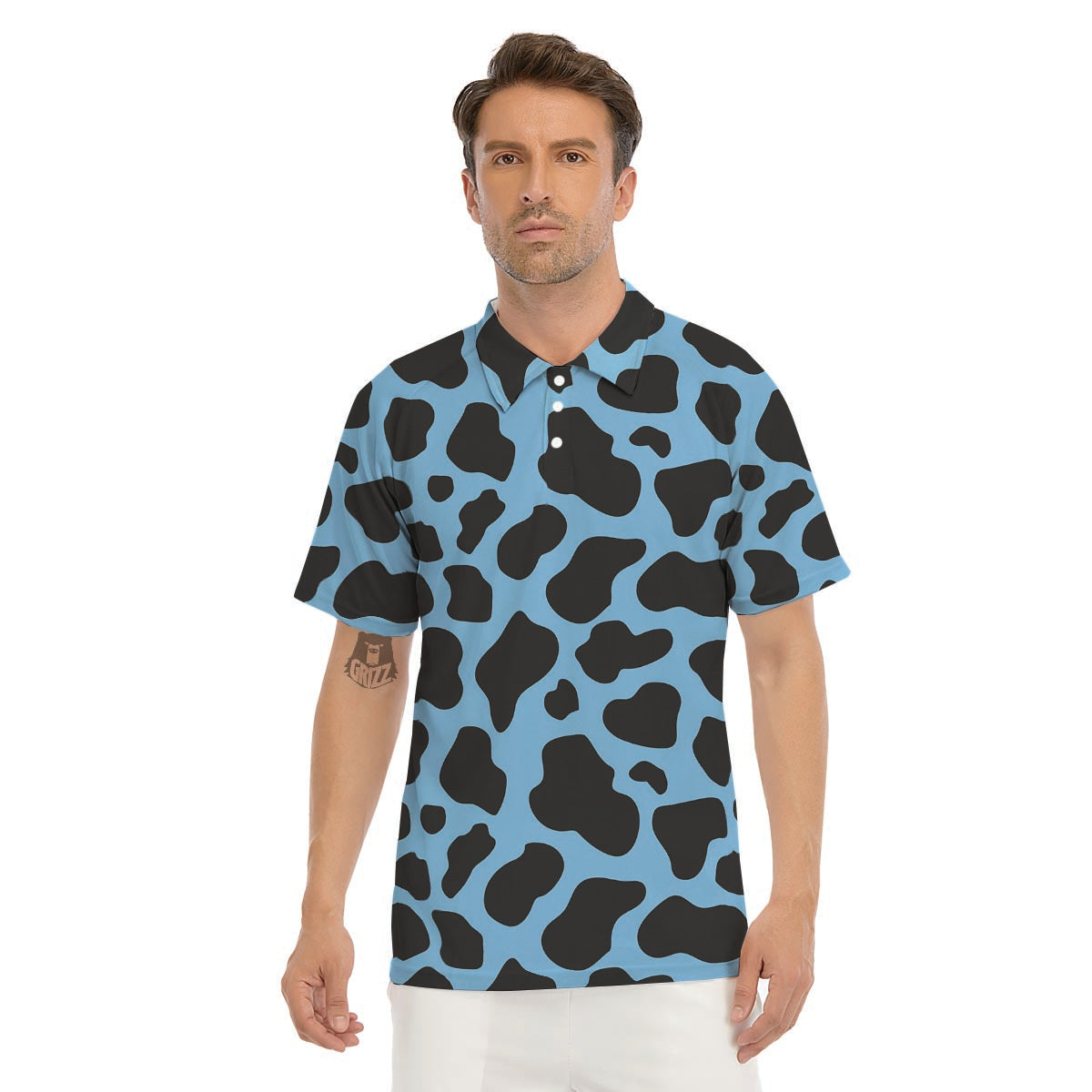 Black And Blue Cow Print Men's Golf Shirts-grizzshop