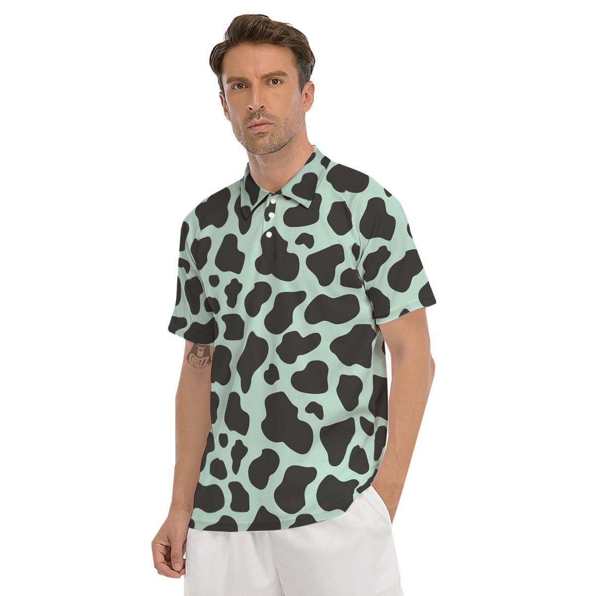 Black And Green Cow Print Men's Golf Shirts-grizzshop