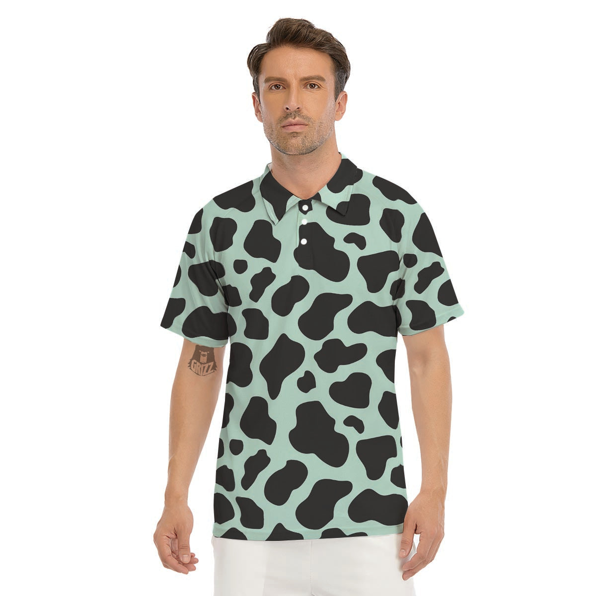 Black And Green Cow Print Men's Golf Shirts-grizzshop