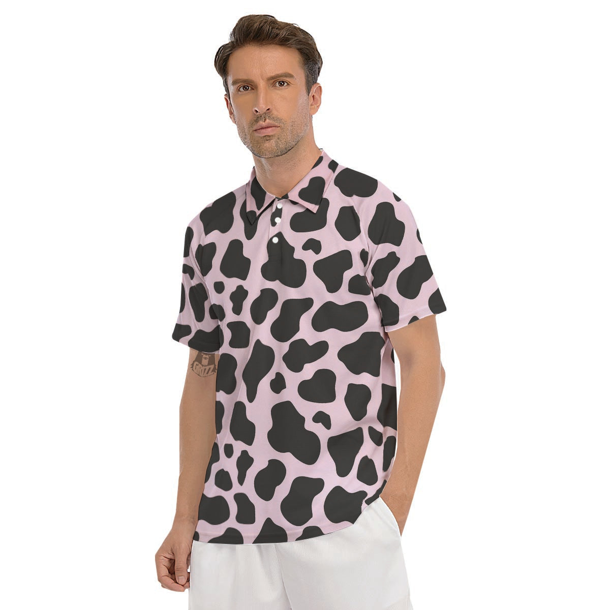 Black And Pink Cow Print Men's Golf Shirts-grizzshop