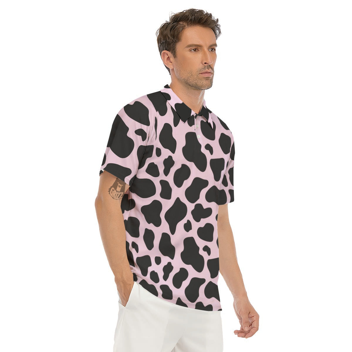 Black And Pink Cow Print Men's Golf Shirts-grizzshop