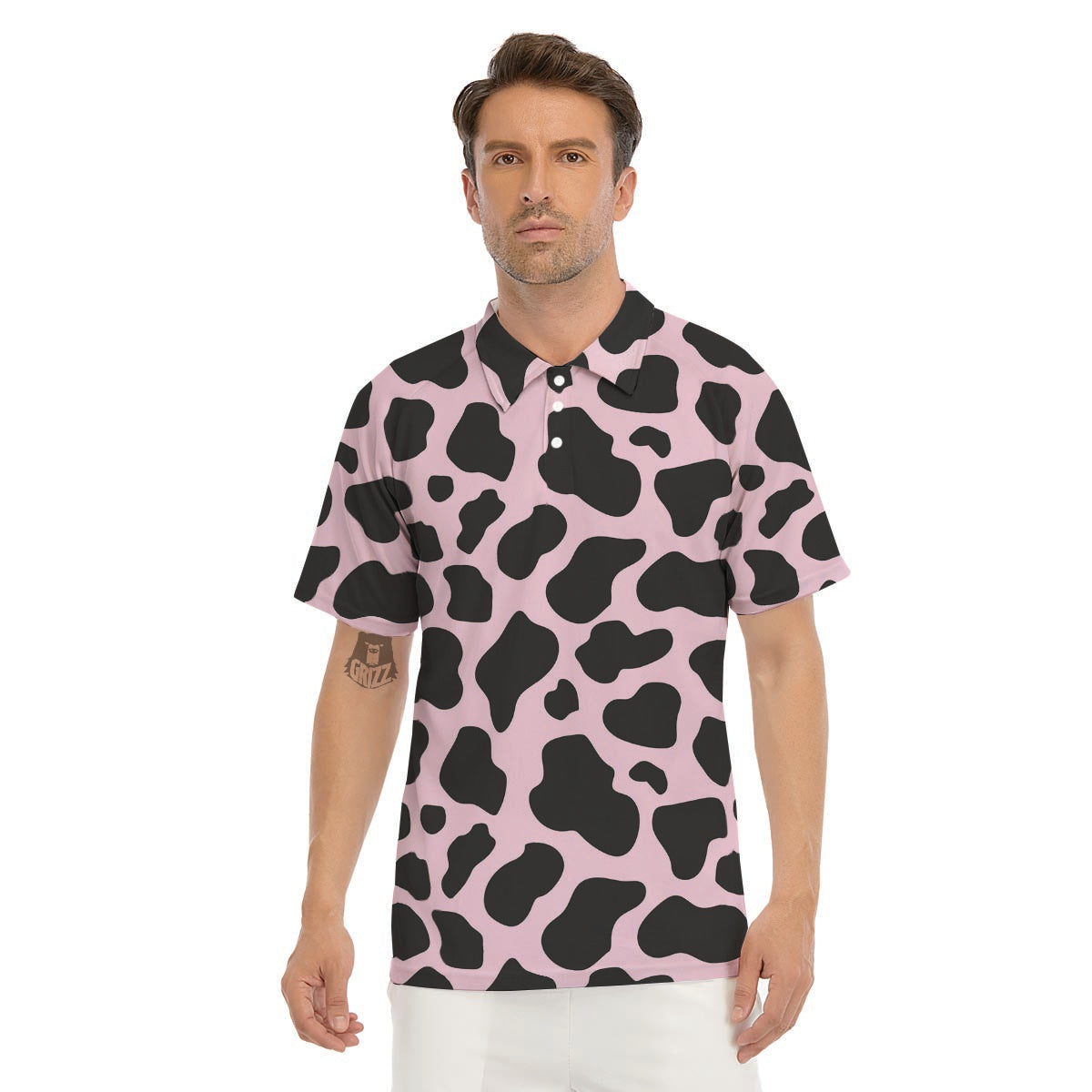 Black And Pink Cow Print Men's Golf Shirts-grizzshop