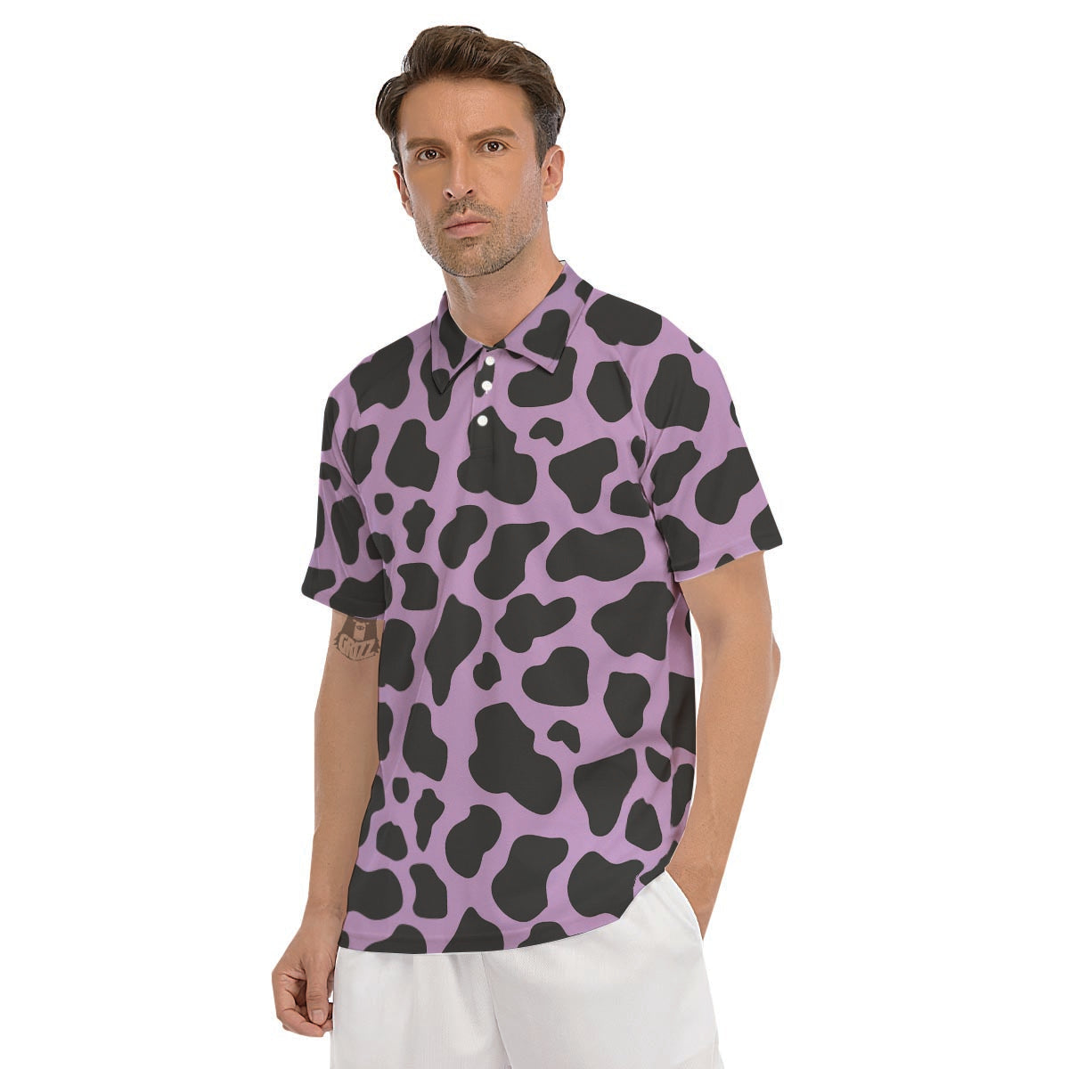 Black And Purple Cow Print Men's Golf Shirts-grizzshop
