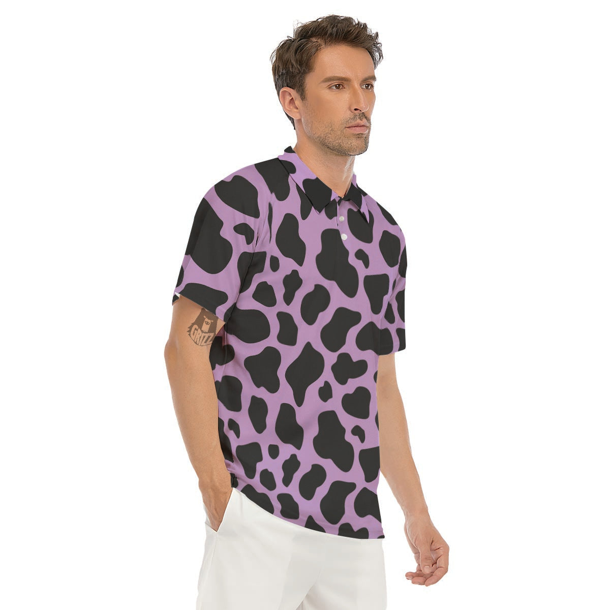 Black And Purple Cow Print Men's Golf Shirts-grizzshop