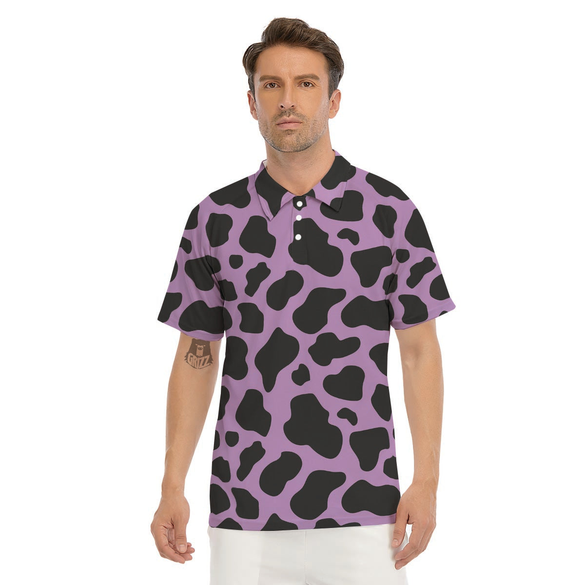 Black And Purple Cow Print Men's Golf Shirts-grizzshop