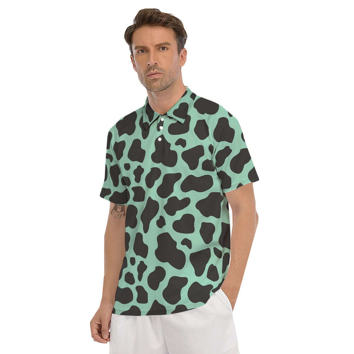 Black And Teal Cow Print Men's Golf Shirts-grizzshop