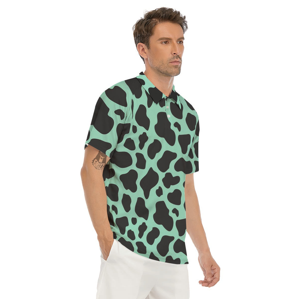 Black And Teal Cow Print Men's Golf Shirts-grizzshop